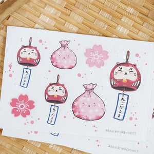 Black Milk Project Stickers - Neko Daruma Furin (mini sticker sheet) - Paper Plus Cloth
