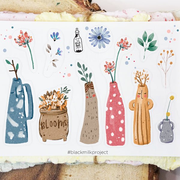 Black Milk Project Stickers - Vase & Wildflowers (mini sticker sheet) - Paper Plus Cloth