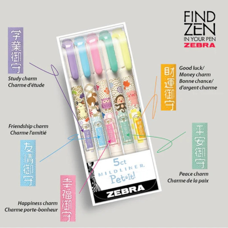Zebra Mildliner Markers - Pet-It with Charms - Set of 5