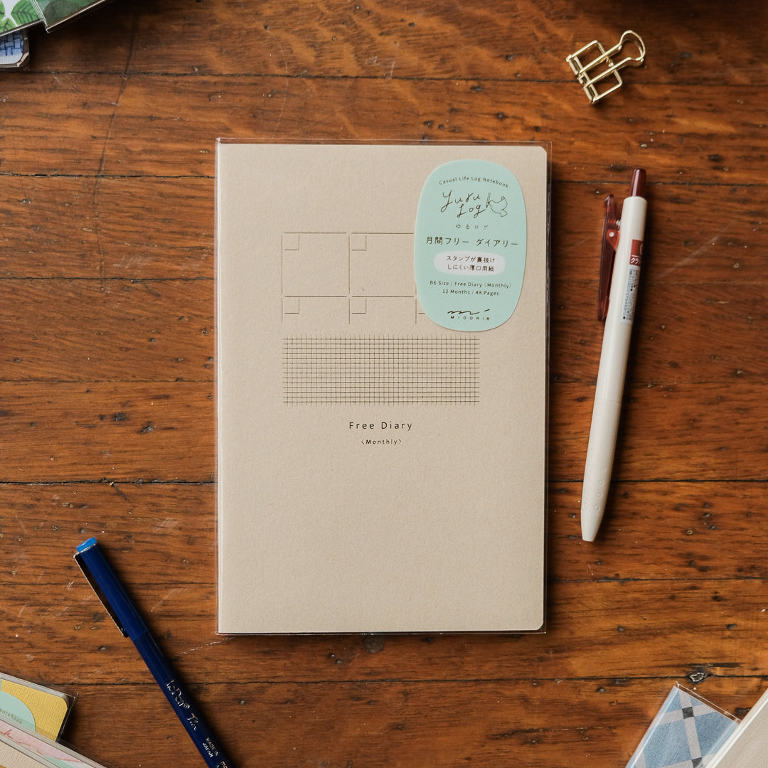 Midori Yuru Log B6 Notebook - Free Diary Monthly - 12 Months