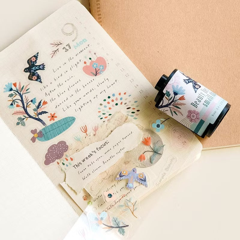 MU Print PET Kiss Cut Roll Tape - 06 Feathers Whispering Among Flowers