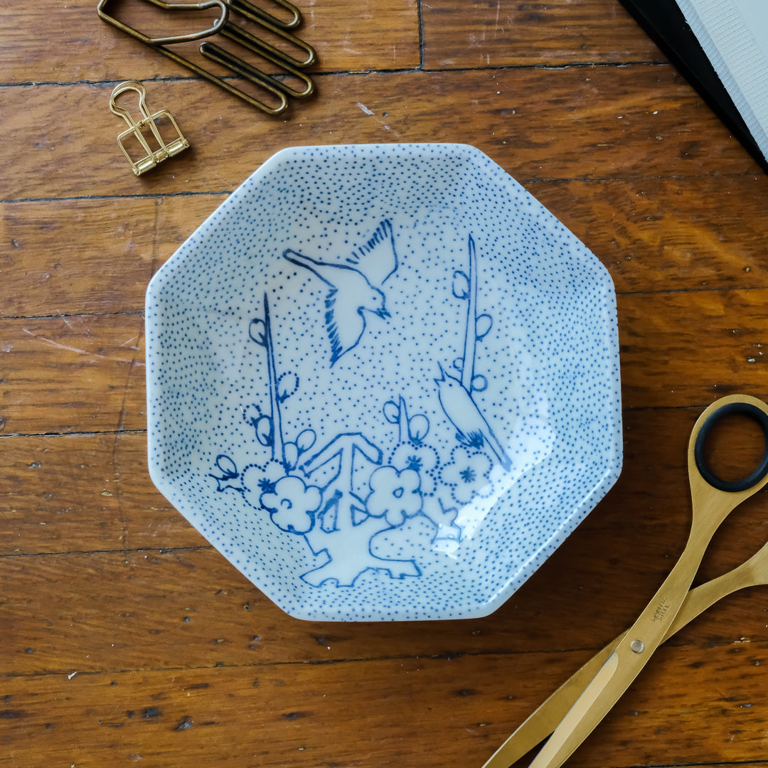 Classiky Ceramics - Inban Octagonal 5-inch Dish - Plum and Bush Warbler