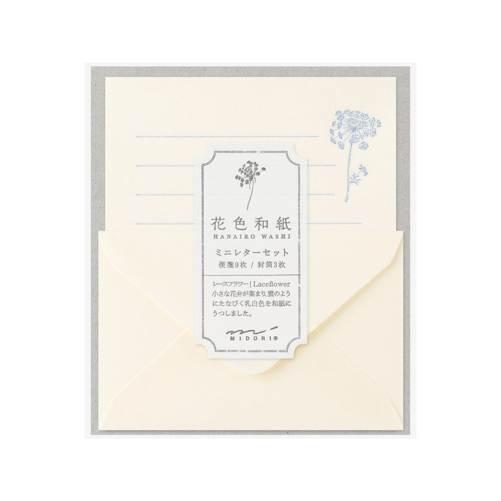 Packaging of mini letter set stationery with a laceflower design in blue on a white background