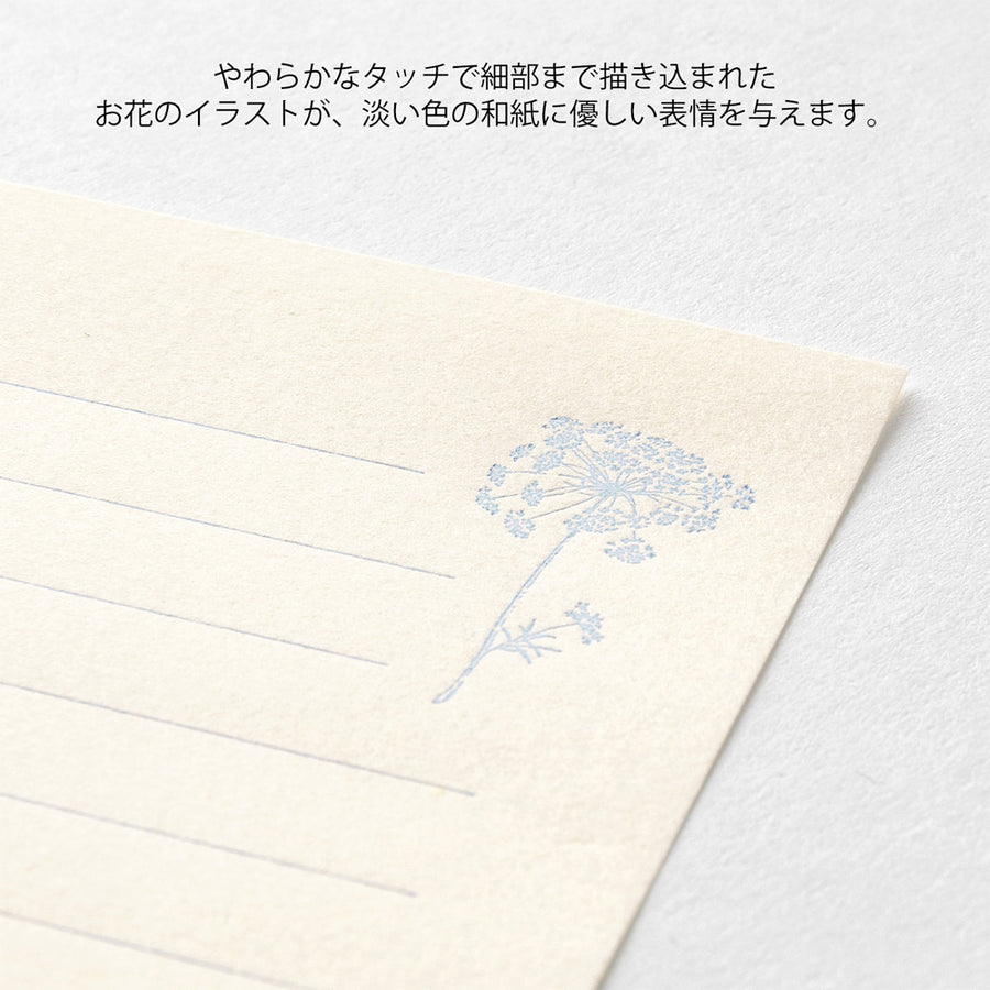 Packaging of mini letter set stationery with a laceflower design in blue on a white background