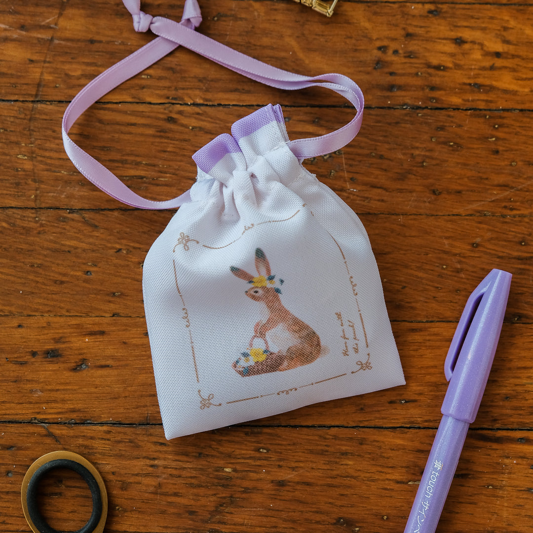 RESSA PANDA BOOKS - Animal Drawstring Pouch - Rabbit with Flowers