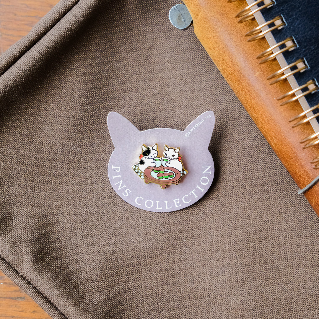 Pottering Cat - Badge - Matcha Dango
