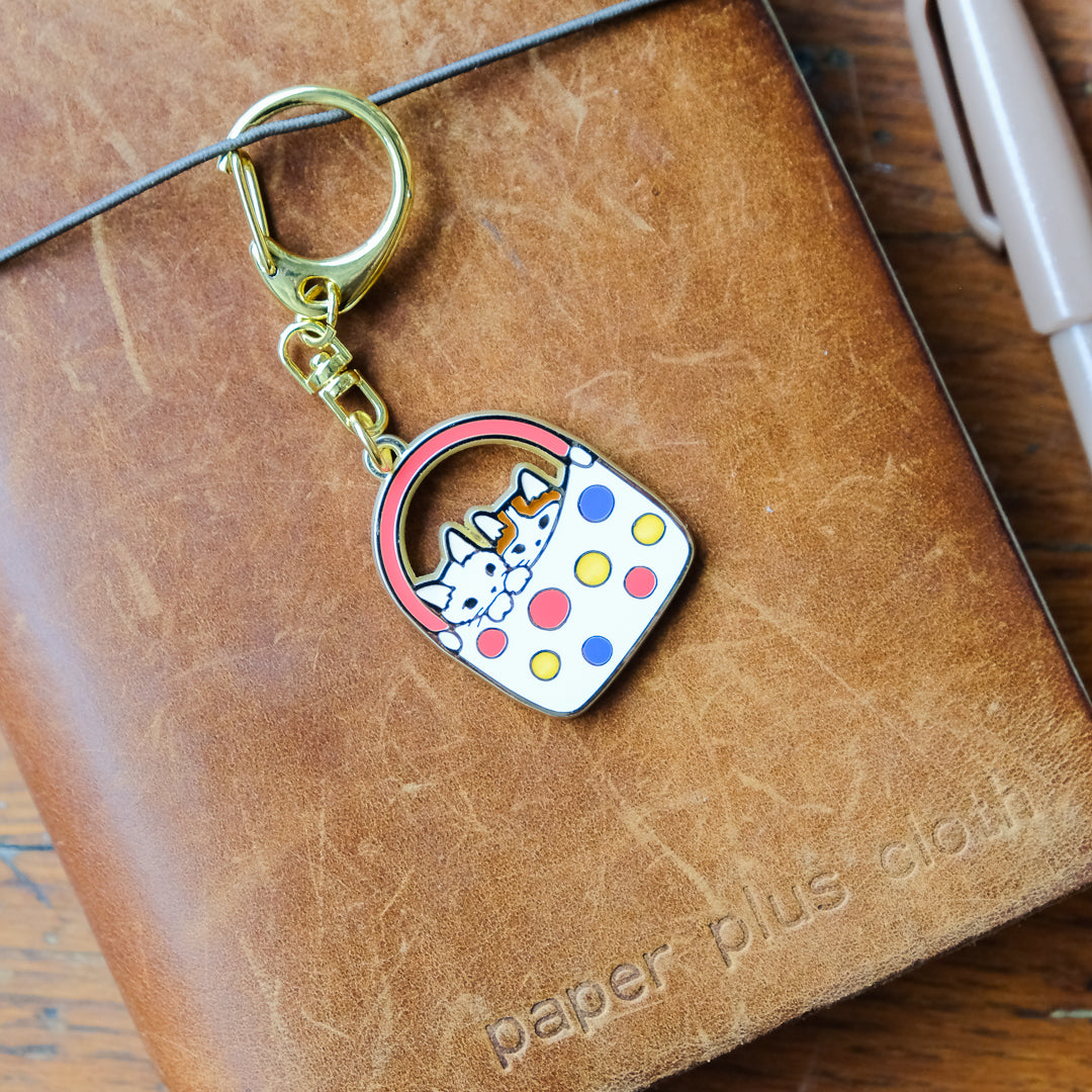Pottering Cat - Key Ring - Polka Dots Bag