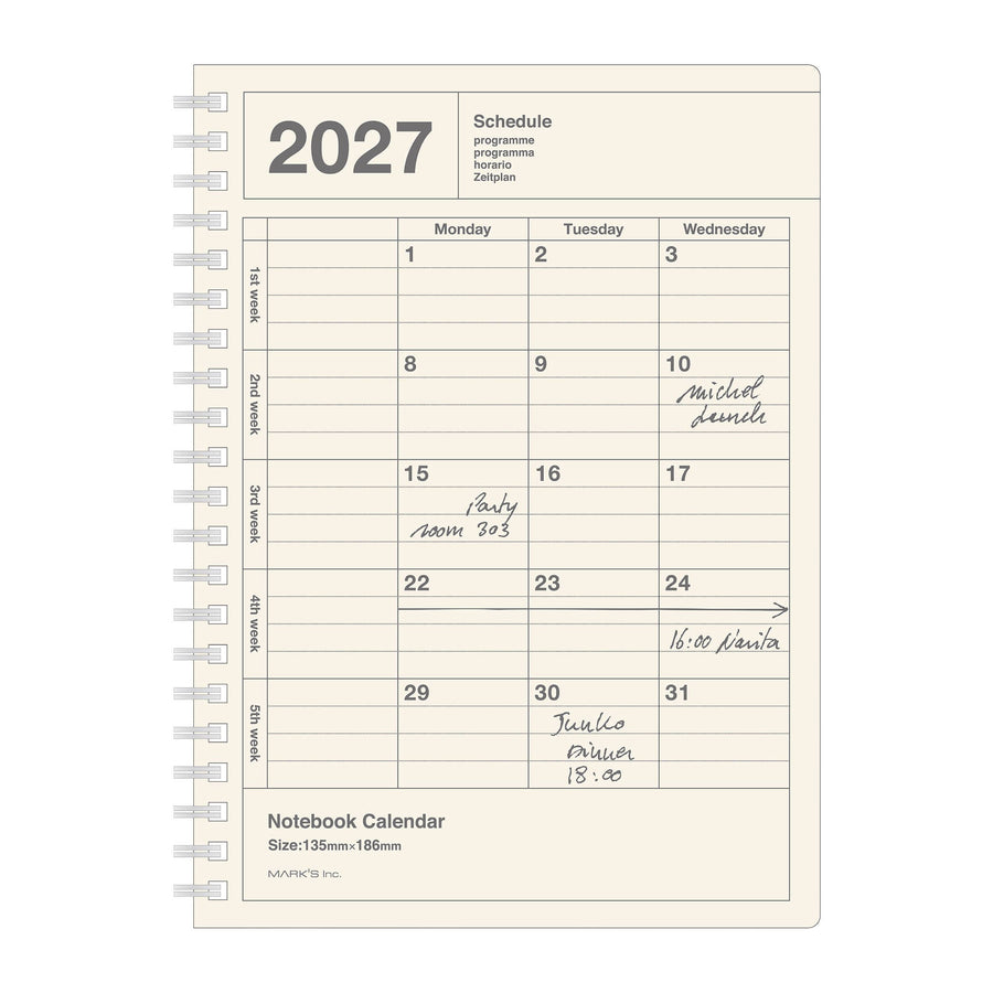 Mark's 2027 B6 Monthly Vertical Notebook Calendar (Jan - Dec 2027): Ivory