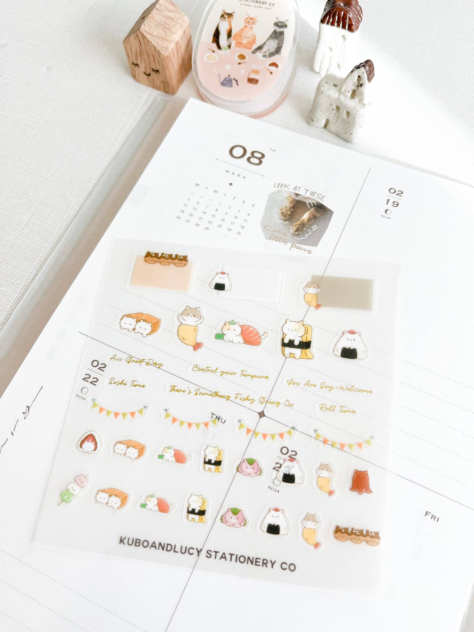 Kuboandlucy Stationery Co Clear Sticker Sheet - Cute Cats & Dog: Sushi Cat