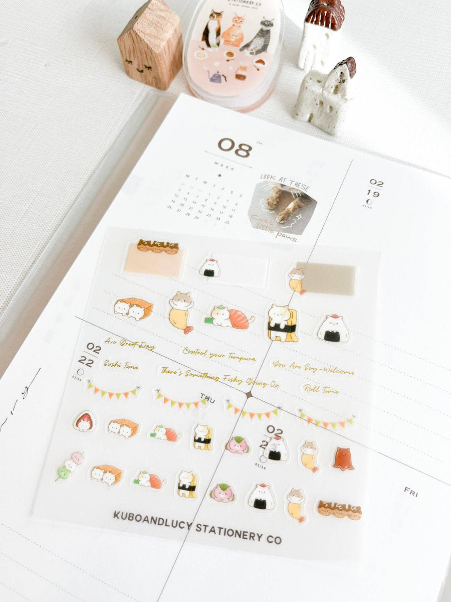 Kuboandlucy Stationery Co Clear Sticker Sheet - Cute Cats & Dog: Sushi Cat