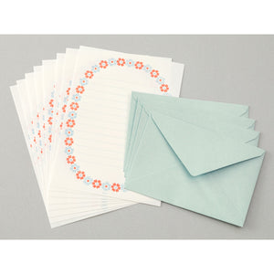 Midori Letter Writing Set - Letter Set 478 Letterpress Flower Frame Light Blue
