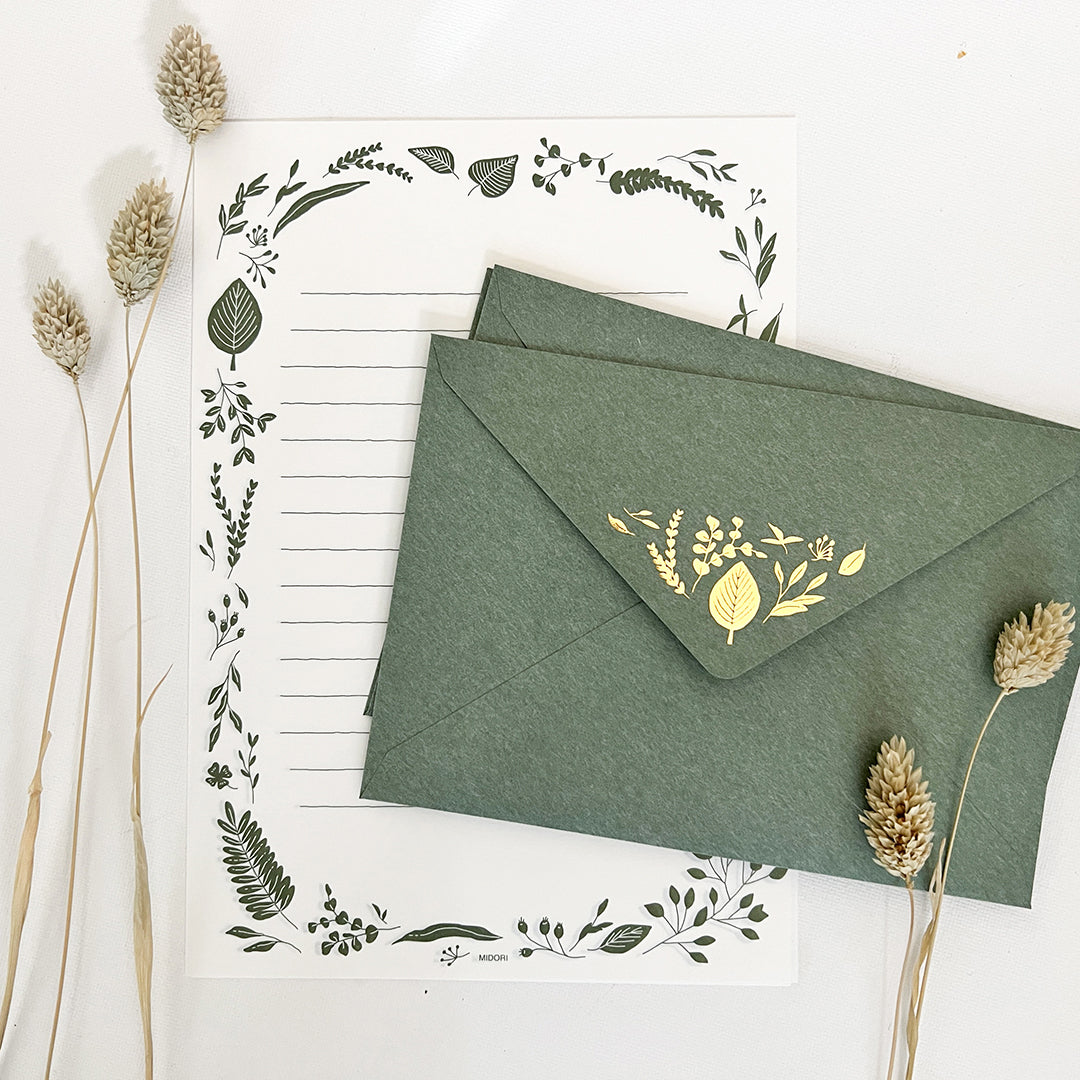 Midori Letter Set 507 Foil-stamped Envelopes Leaves